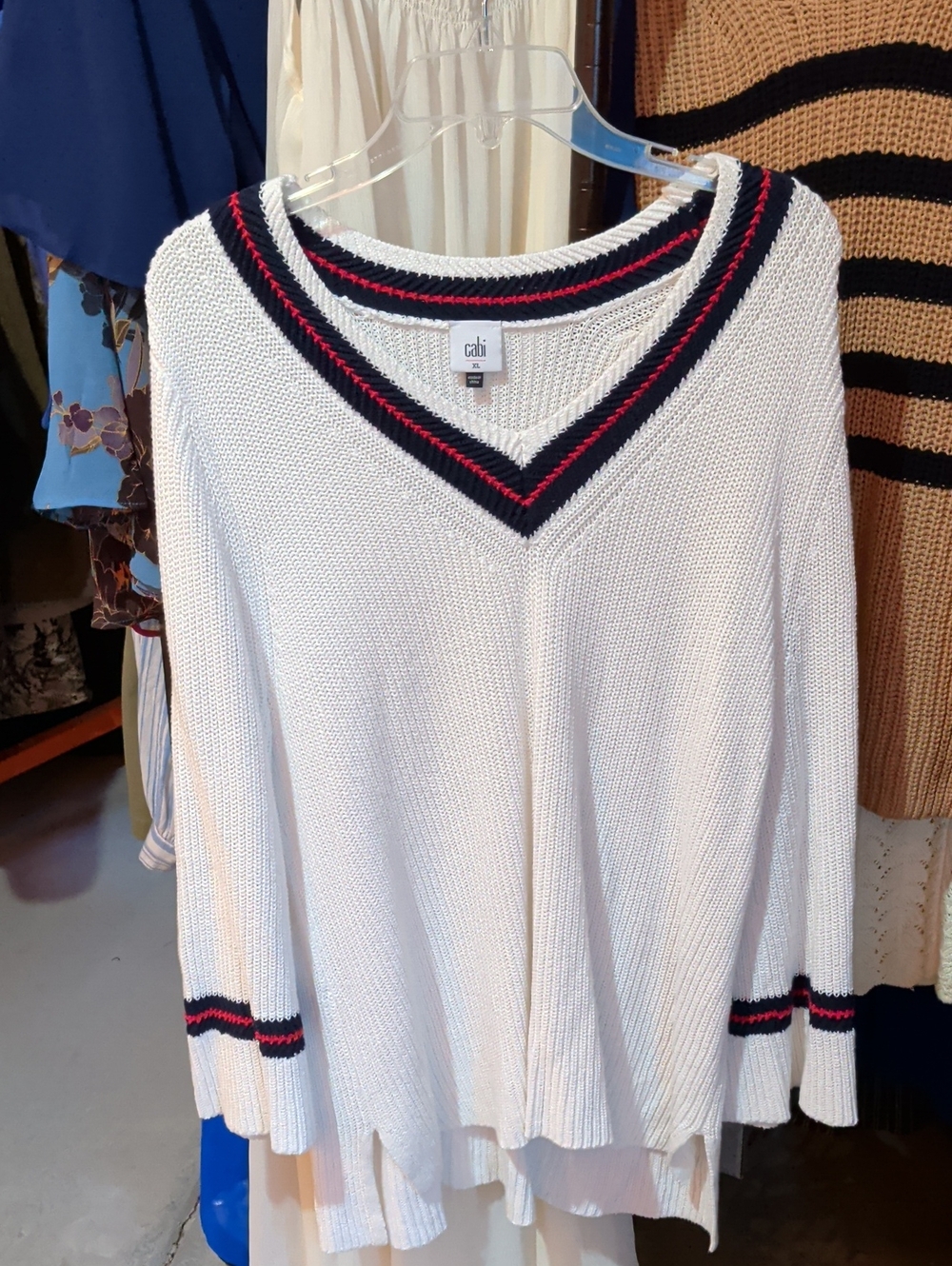 CAbi Cream V-Neck Knit Sweater with Navy & Pink Trim
